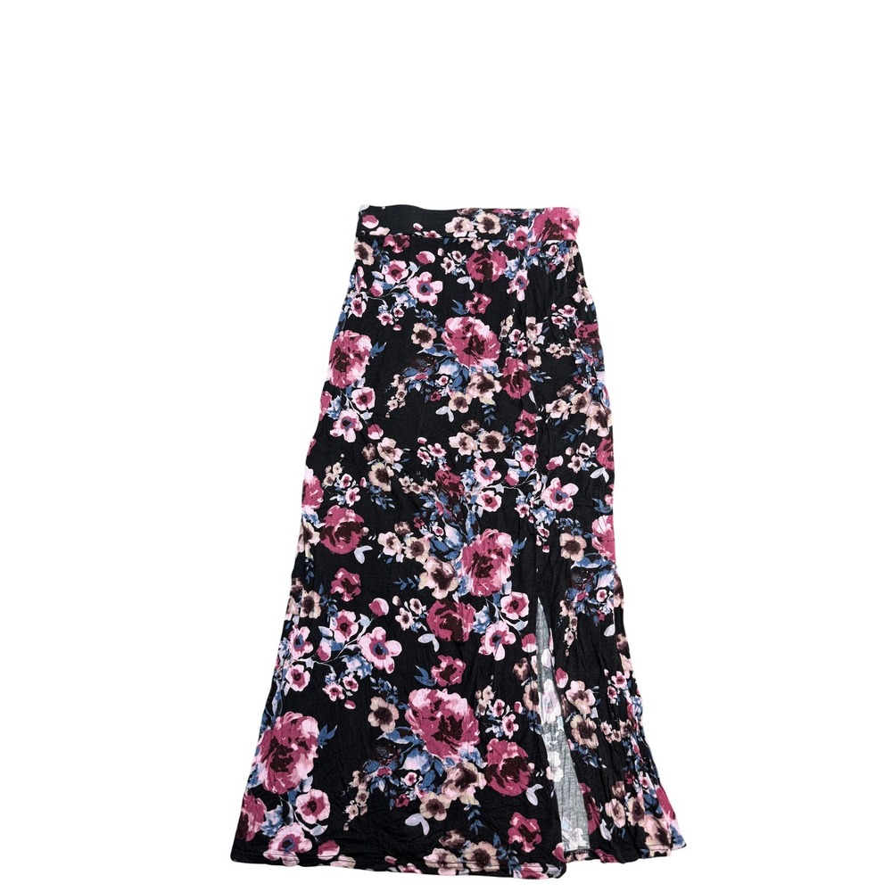 Lildy Skirt‎ Womens L XL Black Floral Slit Maxi Stretch Jersey Rayon Spandex